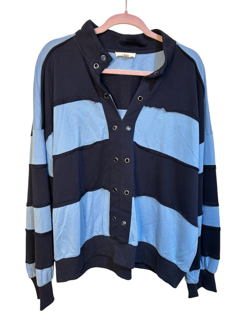 Oddi Light Blue and Navy Striped Pullover Blouse - Women